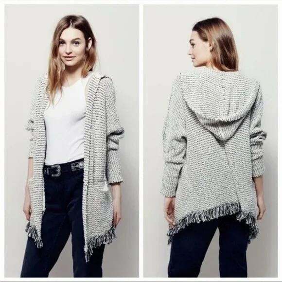 Free People Love Me Tender Cardi Knitted Fringed Hem Hooded Open Front Size L - Picture 1 of 14